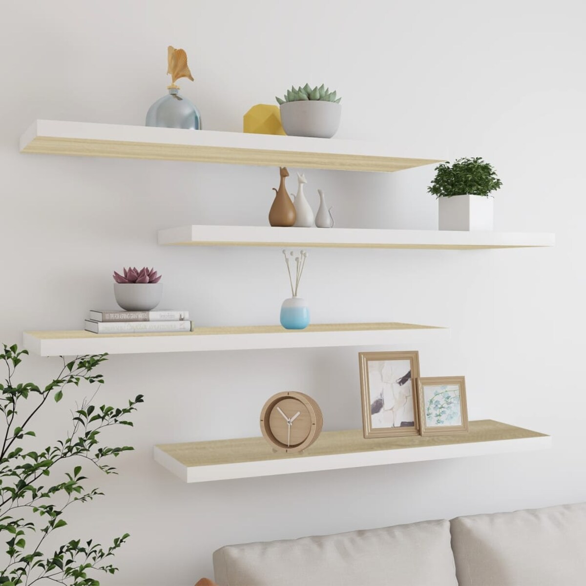 vidaXL Półki ścienne, 4 szt., dębowo-białe, 90x23,5x3,8 cm, MDF