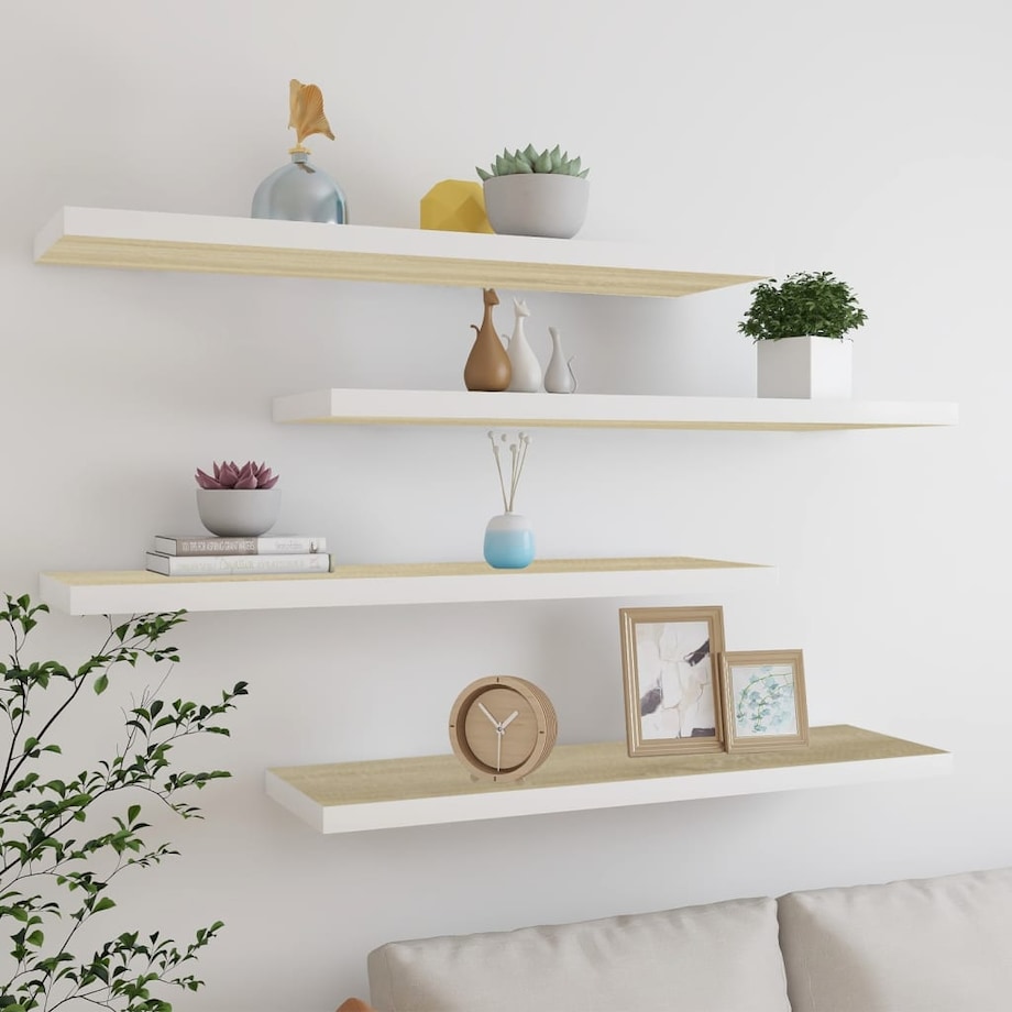 vidaXL Półki ścienne, 4 szt., dębowo-białe, 90x23,5x3,8 cm, MDF