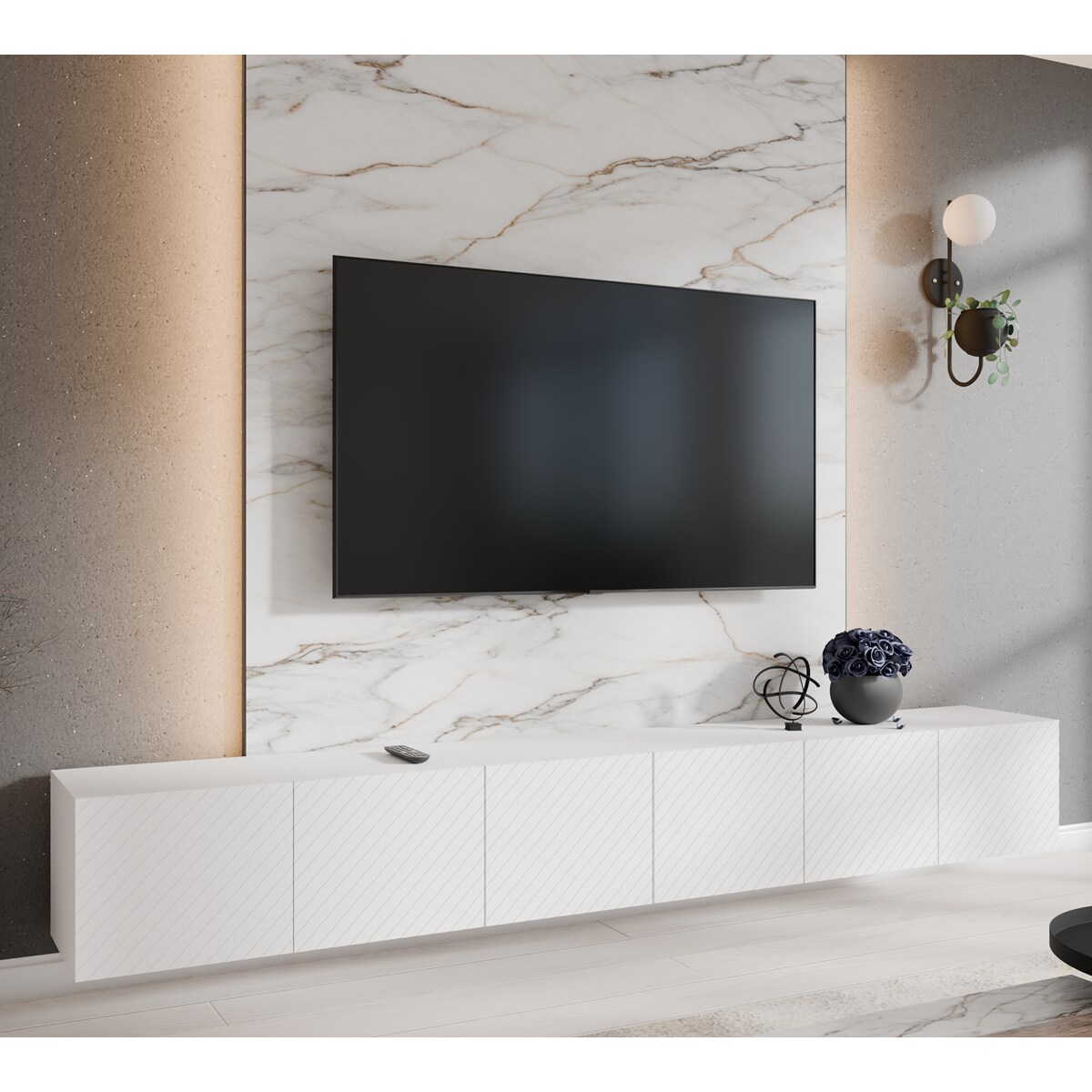 Szafka RTV NIKOL 300 cm pod telewizor, frezowane fronty, zamknięta-biała