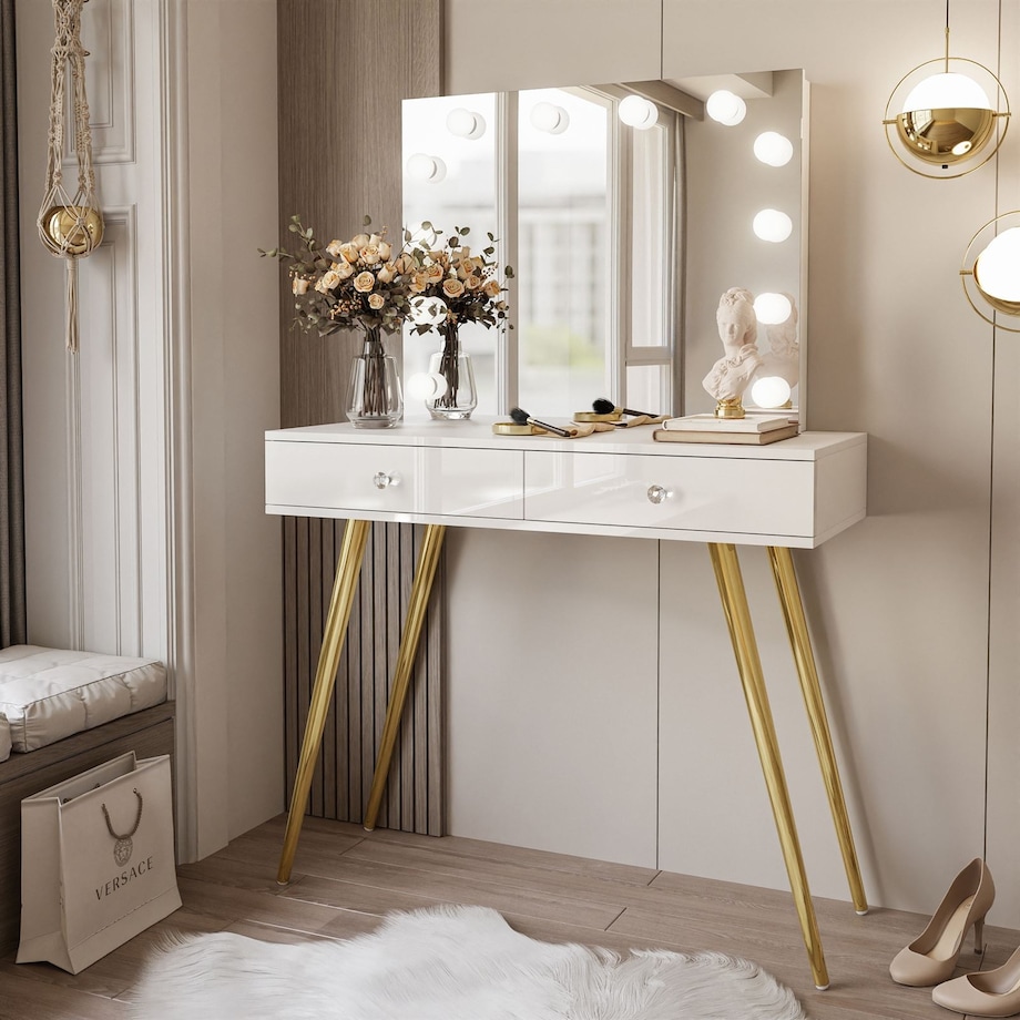 Toaletka SIENNA GOLD ELITE 100x42x81 cm z lustrem LED, biały wysoki połysk, złote nogi