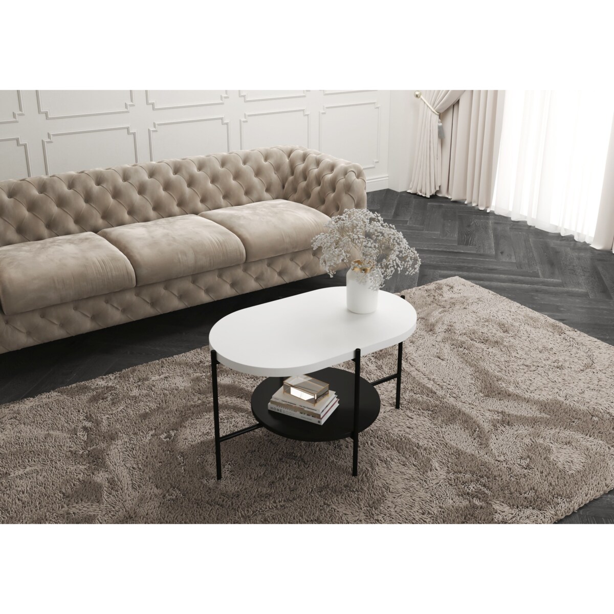 Nowoczesny stolik kawowy Dancan ARENA / czarna podstawa + biały i czarny blat