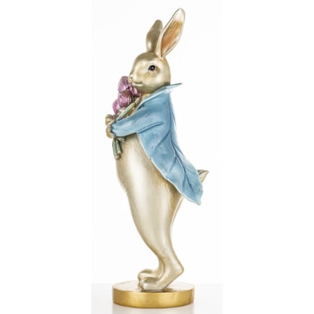 Dekoracja - królik z bukietem tulipanów 31x10x11 cm w niebieskim płaszczu