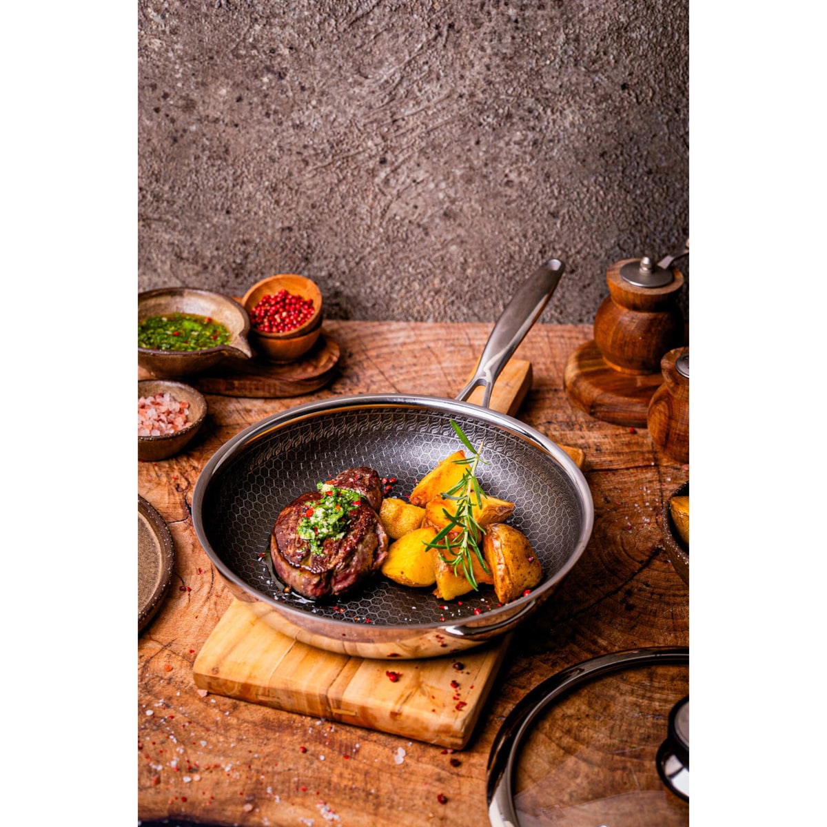 Profesjonalna patelnia ceramiczna Kanso 24 cm z pokrywką Plaster miodu Na indukcje Na gaz Nierdzewna