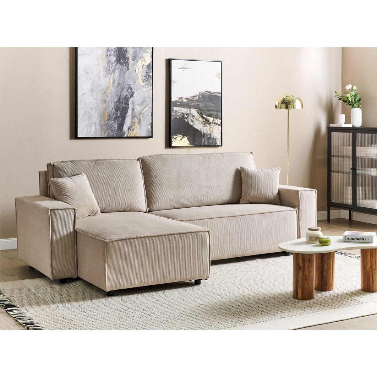 Narożnik prawostronny rozkładany sztruksowy beżowy ABACKA