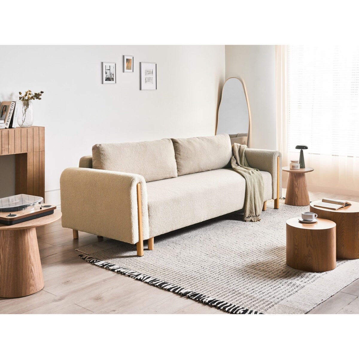 Sofa rozkładana dla 3 osób KVAM Boucle Beżowy ze schowkiem