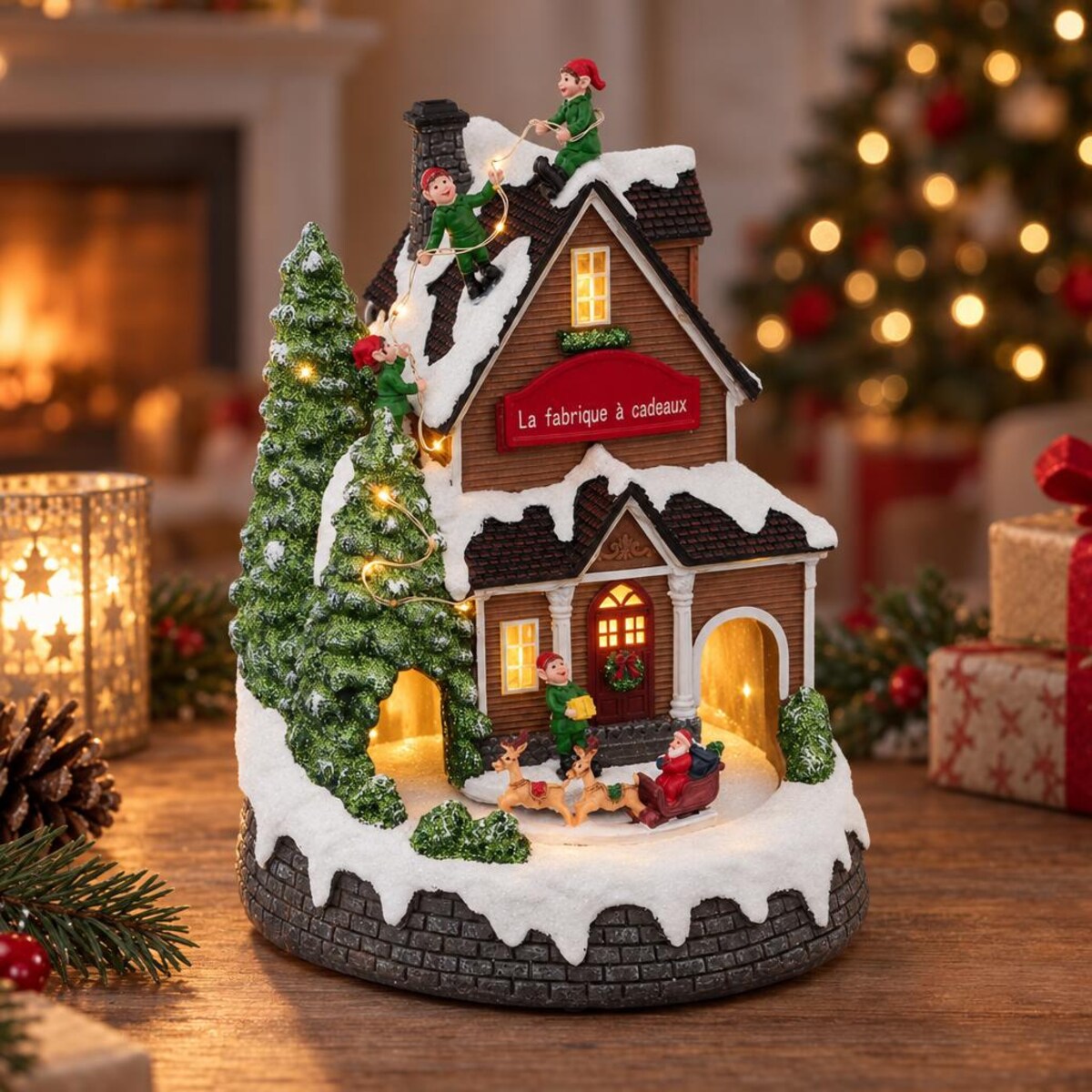 Fabryka prezentów, ruchoma dekoracja świąteczna z LED, 20 x 20 x 25,5 cm, tworzywo sztuczne