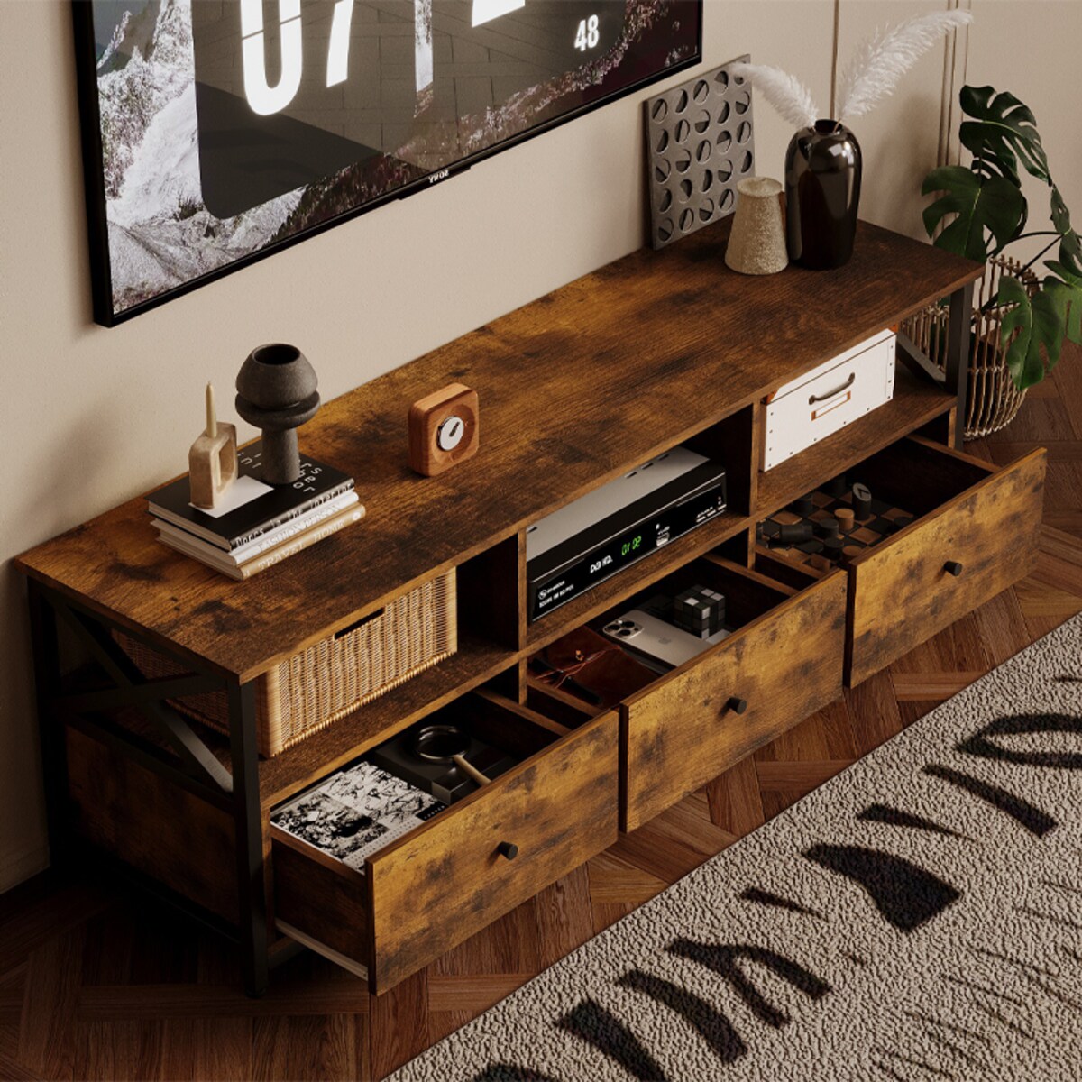 Szafka pod telewizor RTV 143 cm 3 szuflady loft vintage rustykalny brąz