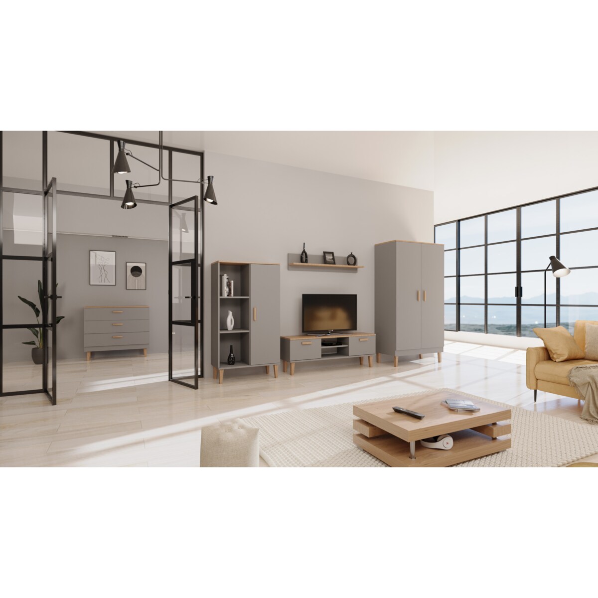 Komoda Denver szary chinchilla & hikora