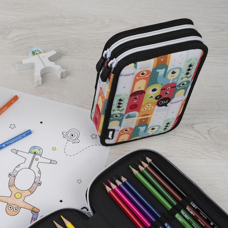 Piórnik 2-poziomowy z wyposażeniem MILAN ALIENS, wielokolorowy