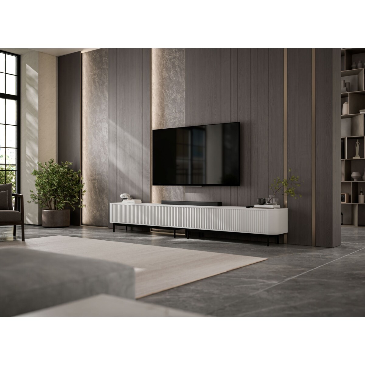 Szafka RTV Komoda RTV 280 cm Glamour Biały Mat Czarny Stelaż