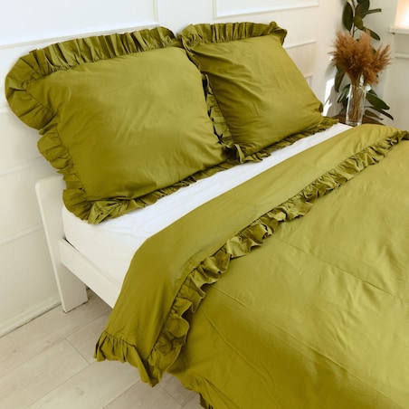Poszewka Pościel Na Kołdrę Z Falbanką 180X200 Cm Oliwkowa