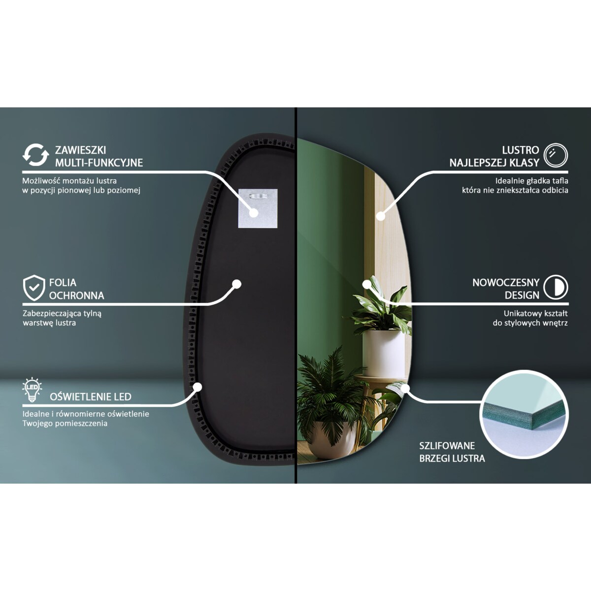 Organiczne lustro LED - 90,9x66 cm - ciepłe światło