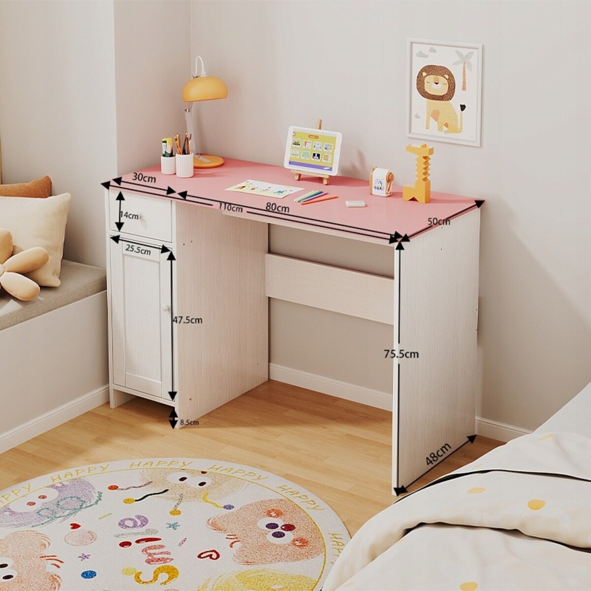 Biurko białe 110 cm z różowym blatem szufladą i szafką