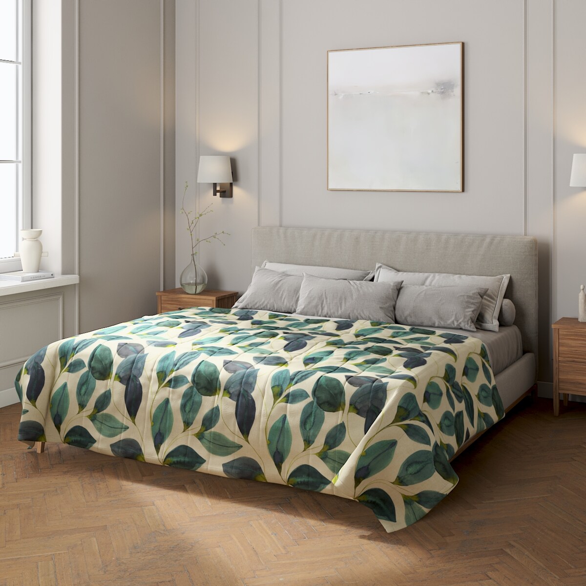 Narzuta pikowana w pasy 200x210 liście w kolorze szmaragdowej zieleni z fioletem na lnianym tle