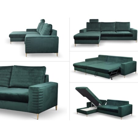 Narożnik rozkładany z zagłówkiem i pojemnikiem OLI, lewostronny, zielony