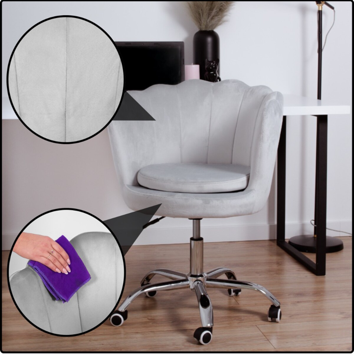 Fotel obrotowy krzesło muszelka welurowy do biurka toaletki szare shell