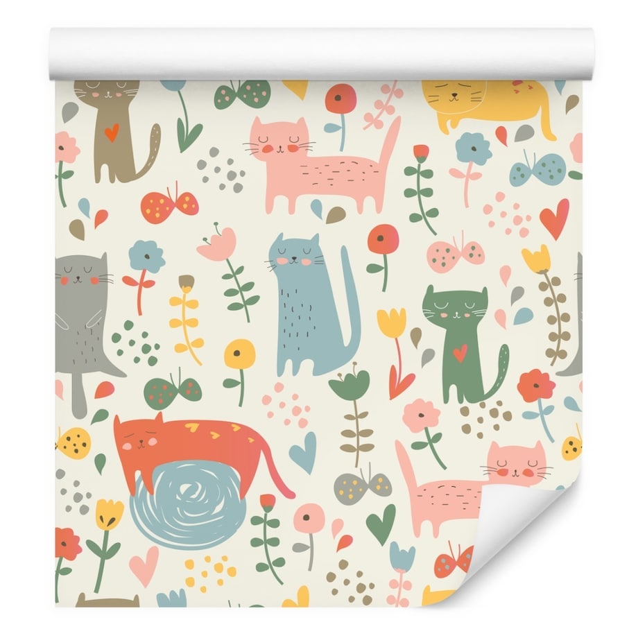 Tapeta Dla Dzieci Kolorowe KOTKI Zwierzątka Kwiaty