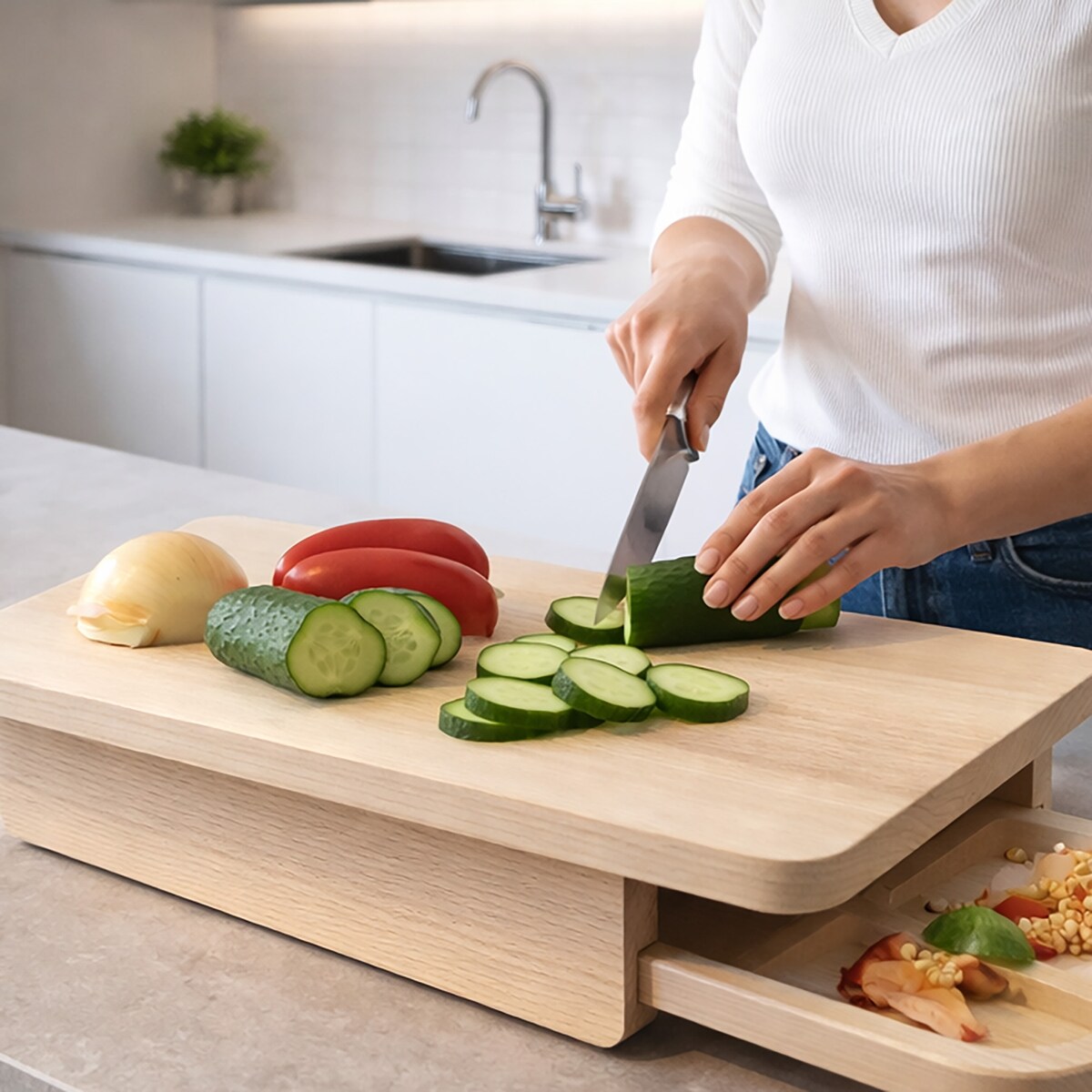Deska Drewniana Do Krojenia Z Szufladą Tacką Do Kuchni Naturalne Drewno