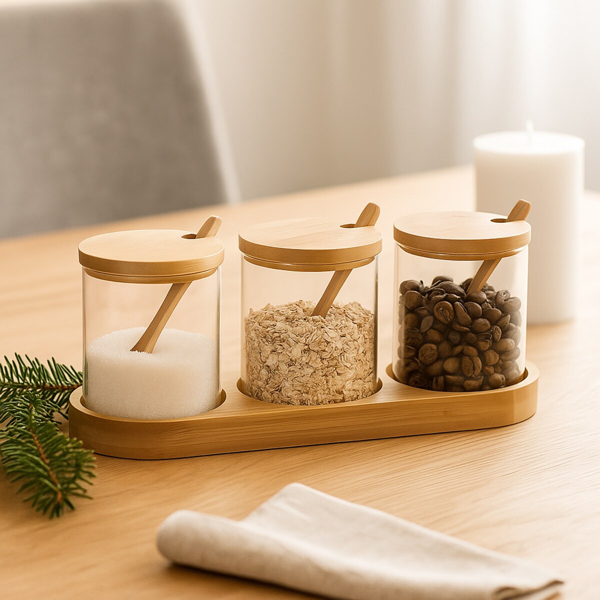 Słoiczki na przyprawy YULEA, 3 x Ø 8,5 cm, na bambusowej podstawce