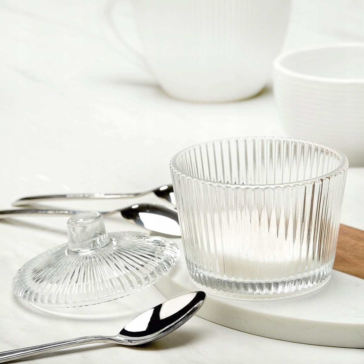 SZKLANA przezroczysta W PRĄŻKI CUKIERNICA cukierniczka 200 ml na cukier