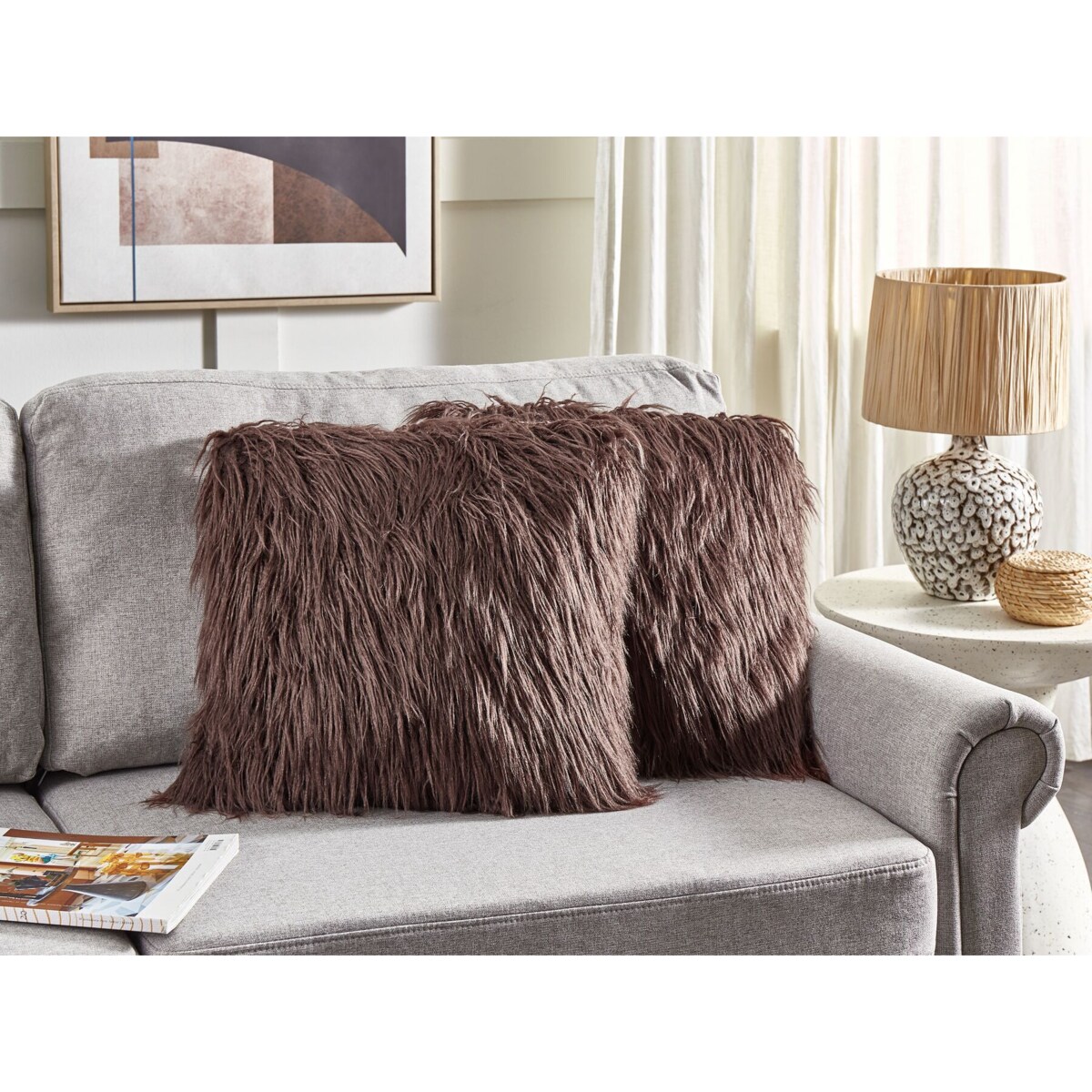 2 poduszki dekoracyjne włochacze 45 x 45 cm brązowe COROKIA