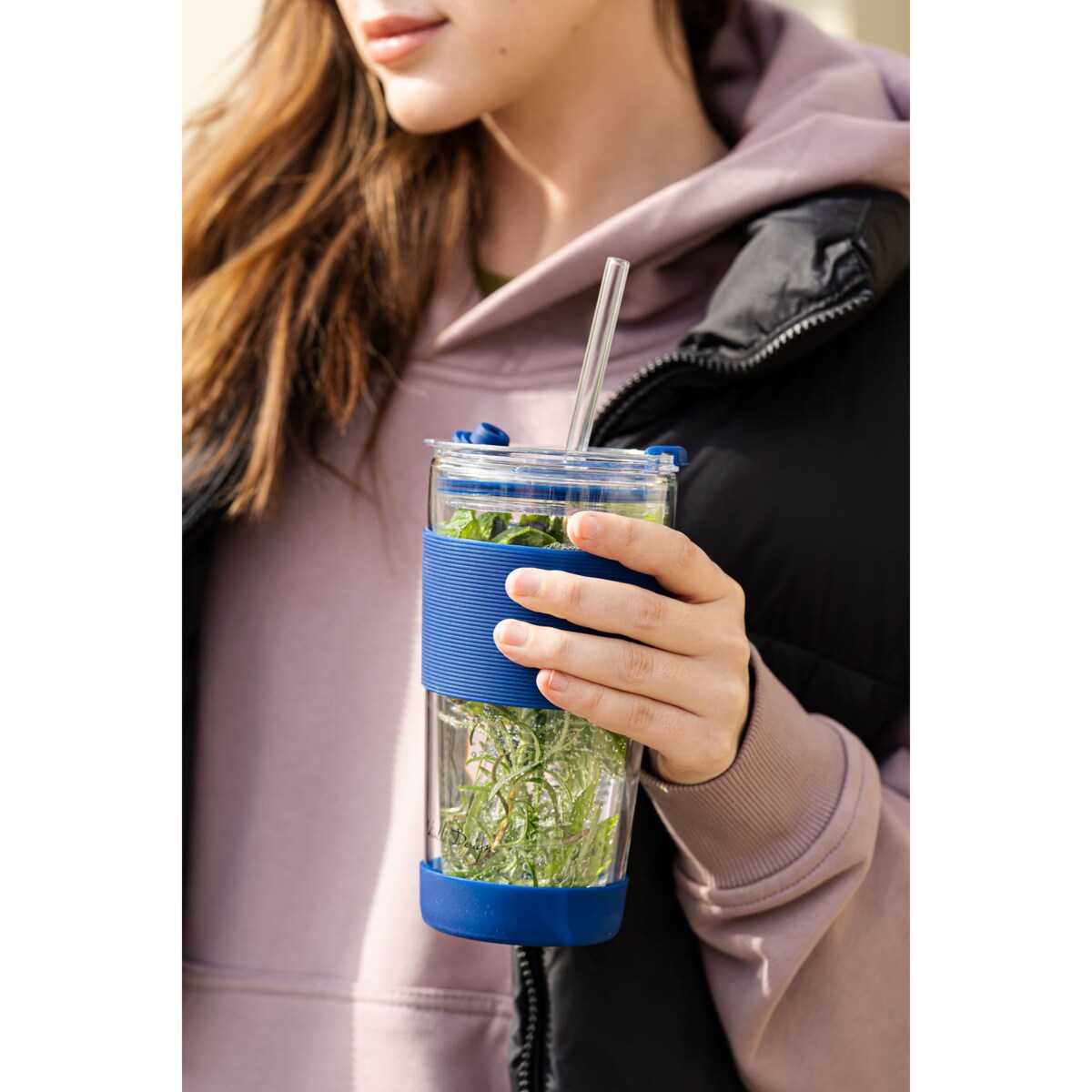 Kubek termiczny szklany ze słomką 600 ml granatowy Fuori 30381