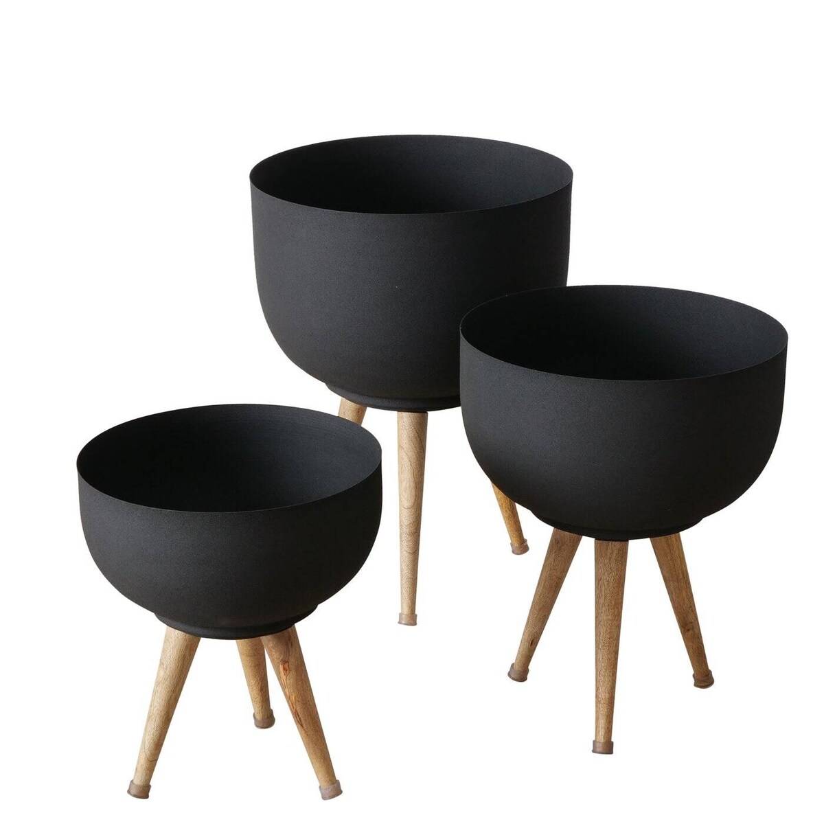 Metalowe doniczki na kwiaty TOPCO, nóżki z drewna mango, 3 sztuki