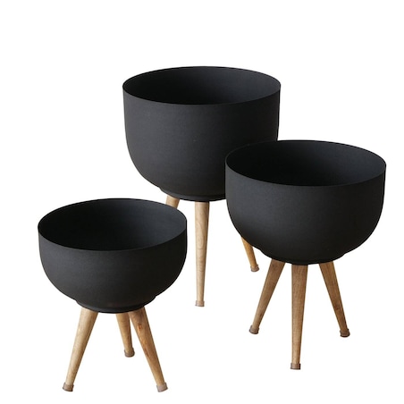 Metalowe doniczki na kwiaty TOPCO, nóżki z drewna mango, 3 sztuki