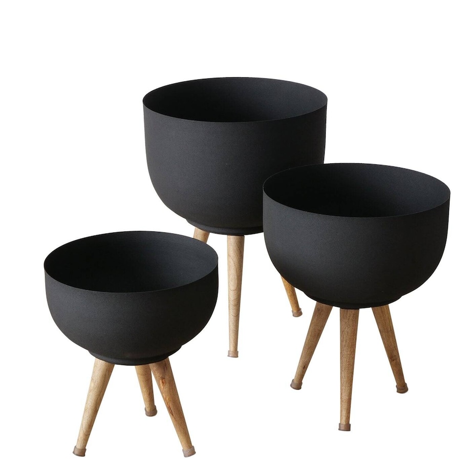 Metalowe doniczki na kwiaty TOPCO, nóżki z drewna mango, 3 sztuki