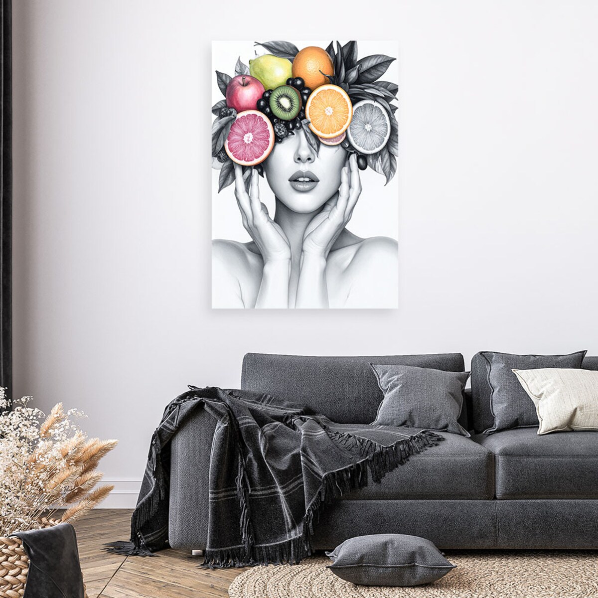 Obraz nowoczesny do salonu kuchni, Kobieta z owocami na głowie 40x60