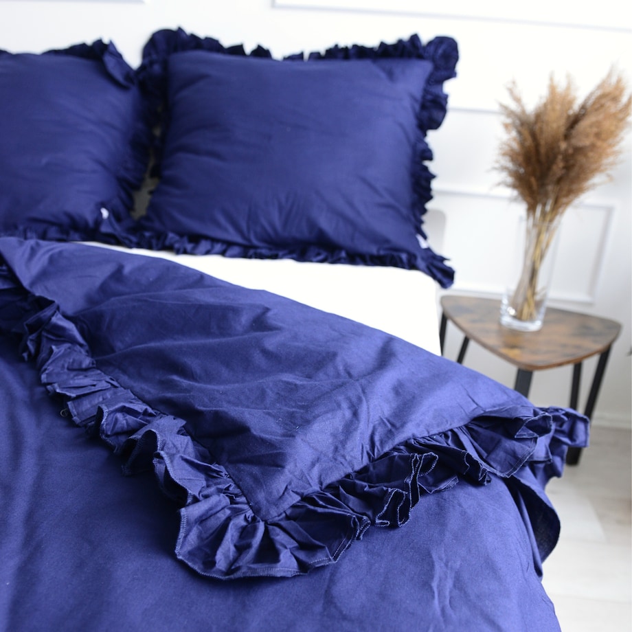 Pościel Bawełniana Z Falbanką Zestaw Komplet Do Sypialni Granatowa 200X200 Cm + 2 Poduszki 70X80 Cm