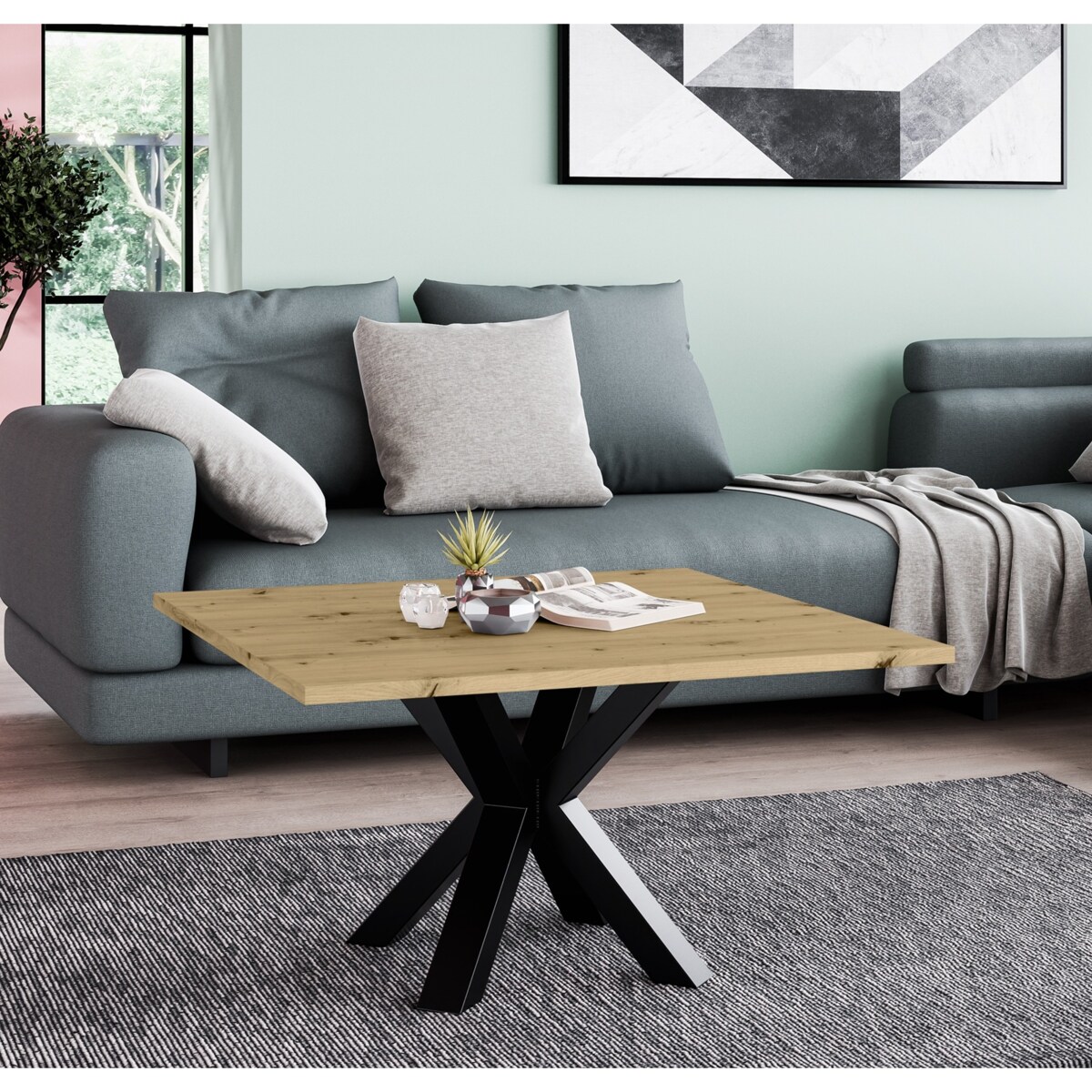 Stolik kawowy NEO kwadratowy 60x60 z metalową podstawą- dąb artisan