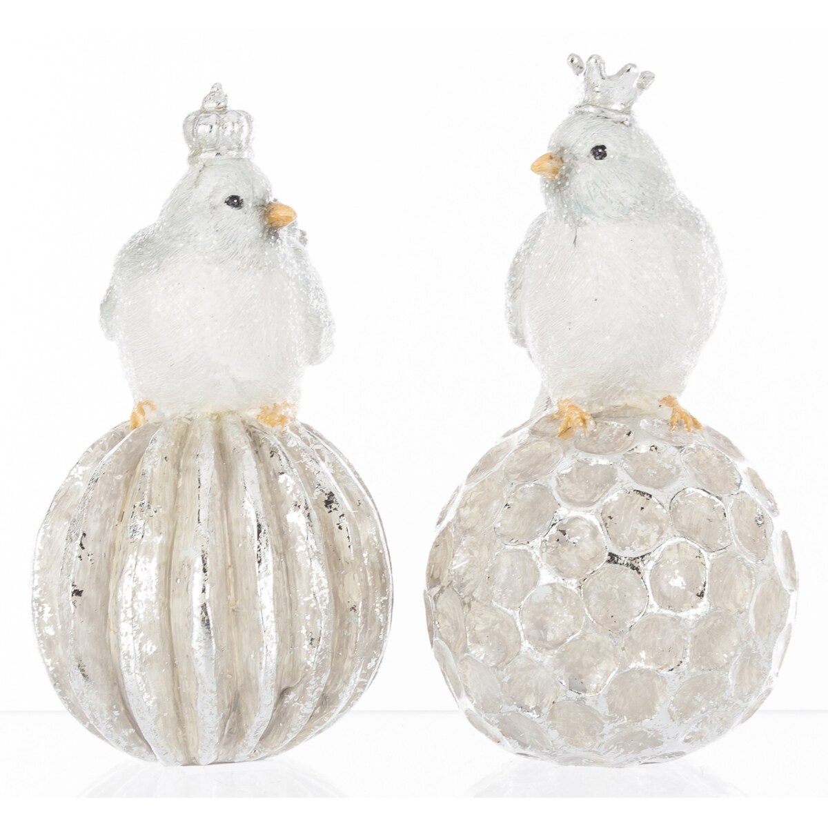 Dekoracja - 2 ptaszki w koronach siedzących na bombkach 16,5x8,5 cm SILVER