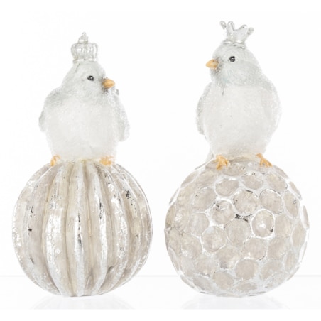 Dekoracja - 2 ptaszki w koronach siedzących na bombkach 16,5x8,5 cm SILVER