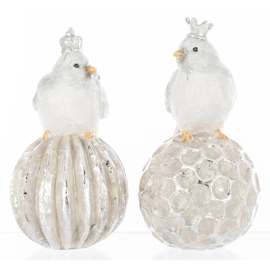 Dekoracja - 2 ptaszki w koronach siedzących na bombkach 16,5x8,5 cm SILVER