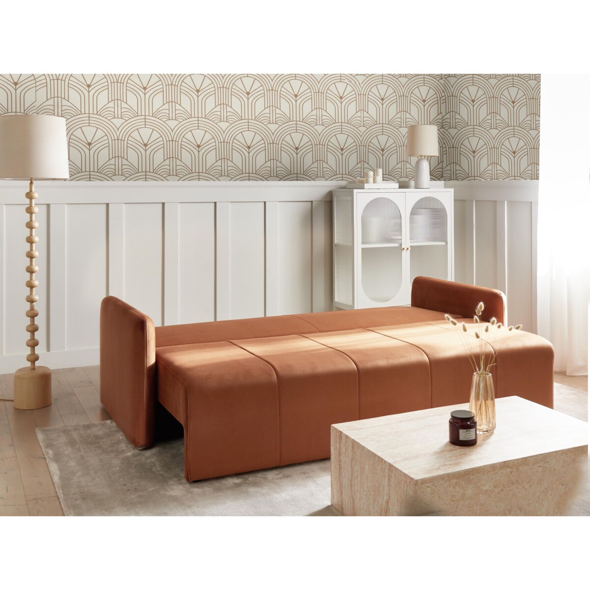 Sofa rozkładana dla 3 osób EGGE Welur Złoty brąz