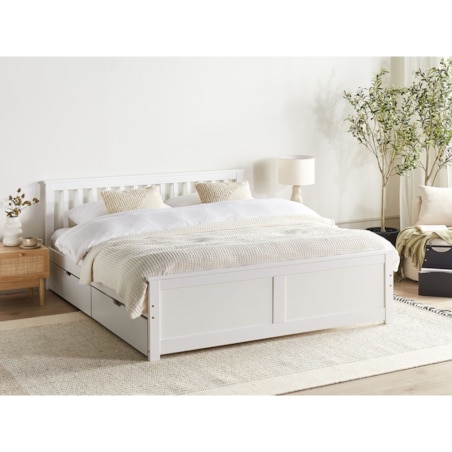 Łóżko ze schowkiem OLENDON 160 x 200 cm Z miejscem do przechowywania Drewno Biały