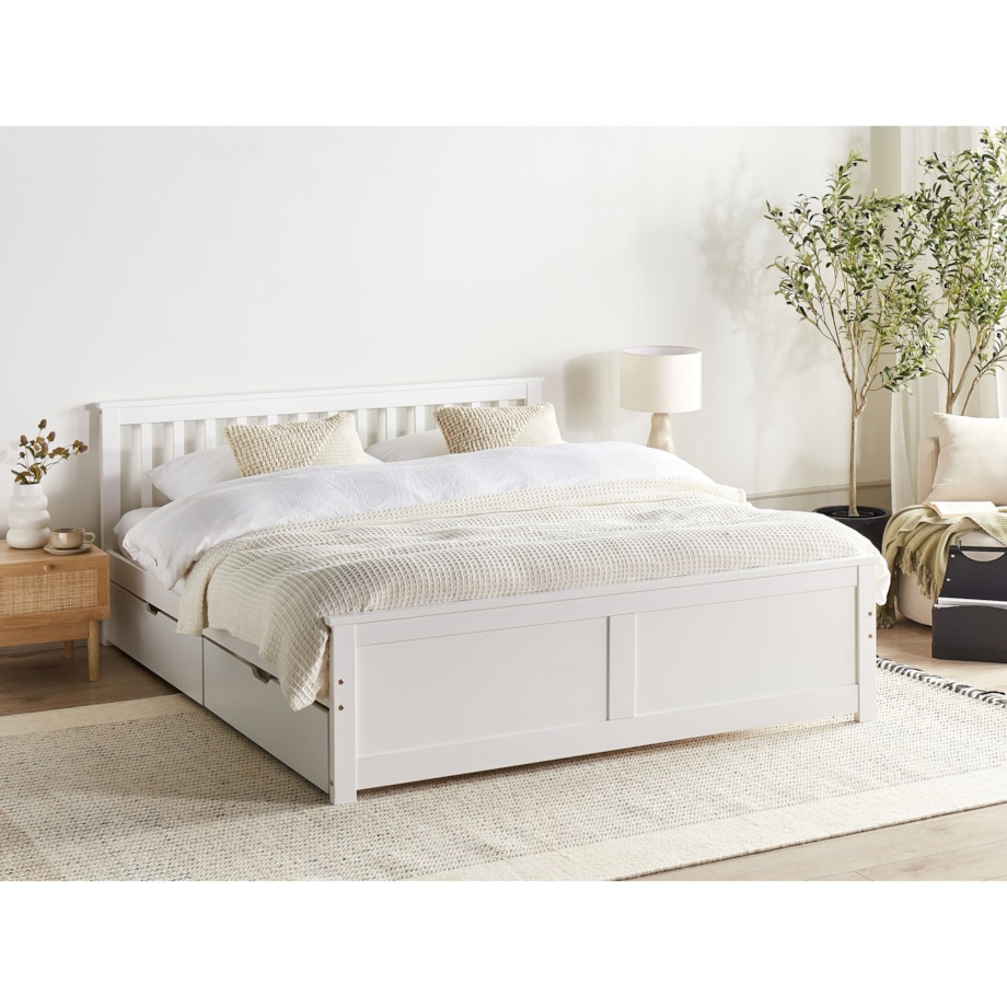 Łóżko ze schowkiem OLENDON 160 x 200 cm Z miejscem do przechowywania Drewno Biały