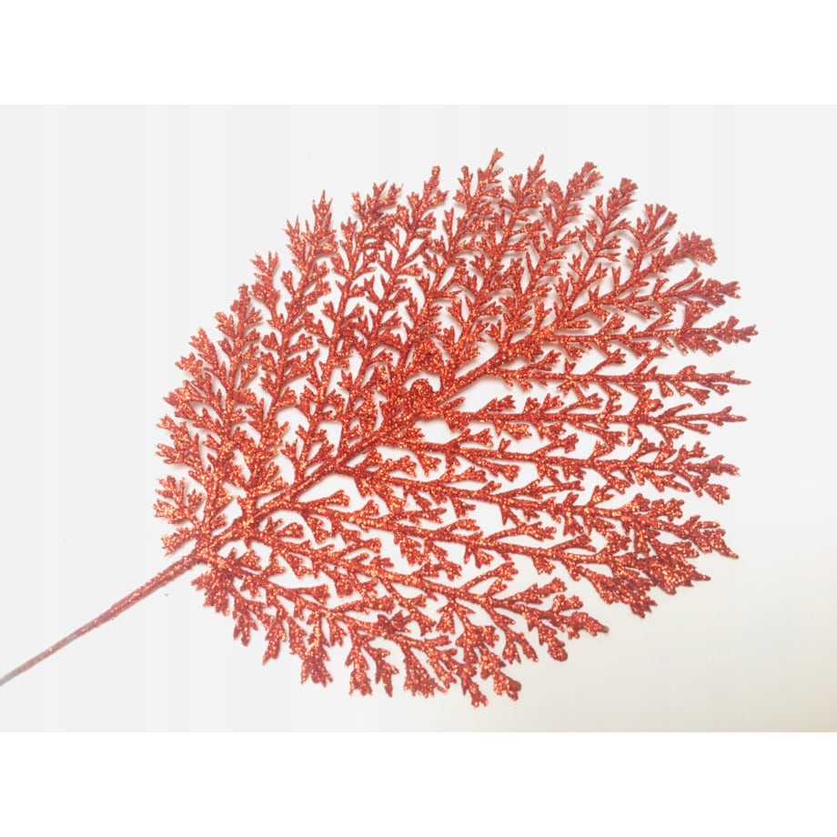 BROKATOWA GAŁĄZKA czerwona LIŚĆ paproć do dekoracji święta stroik choinka