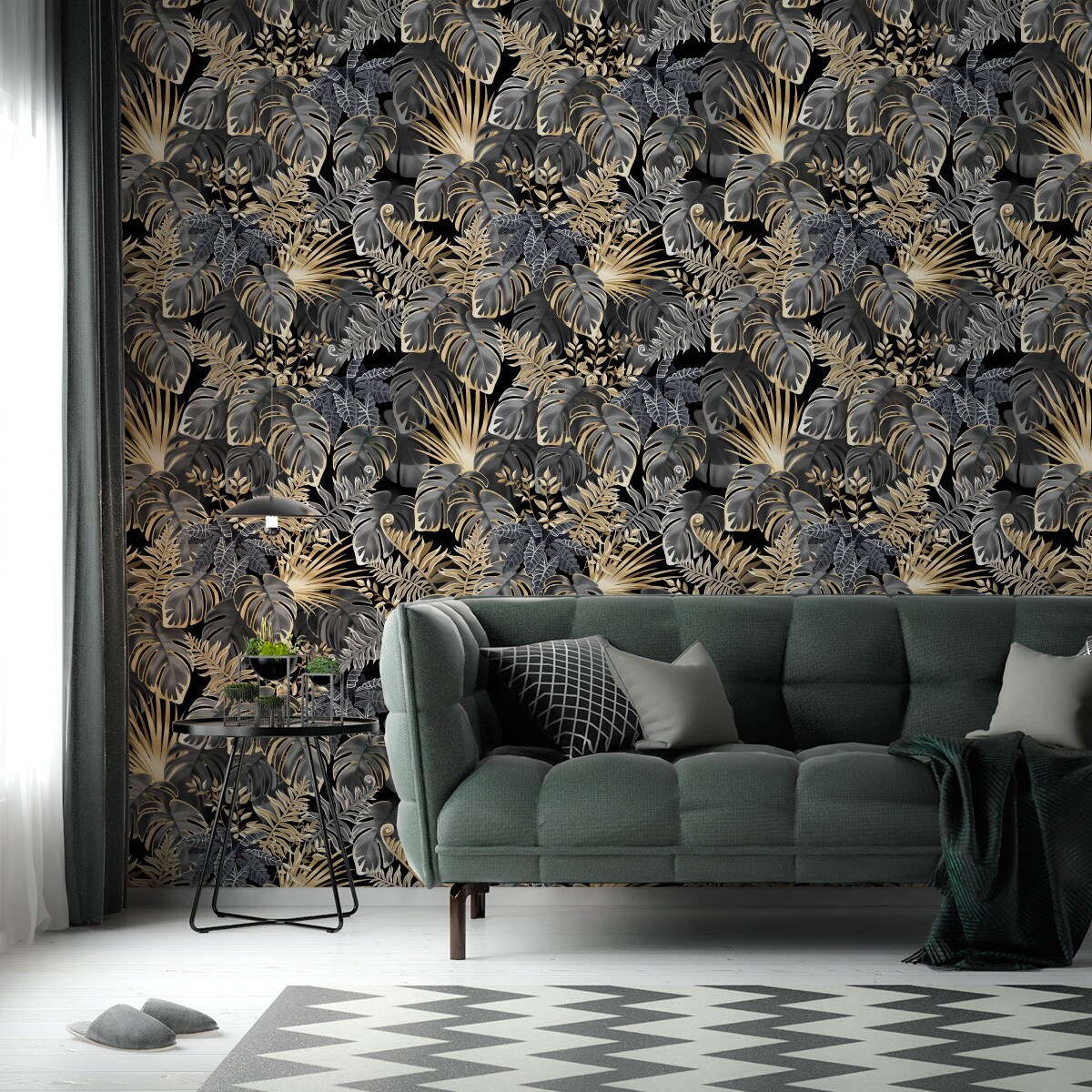 Tapeta Tropikalne LIŚCIE Rośliny Egzotyczne Złoto