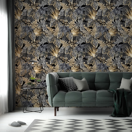 Tapeta Tropikalne LIŚCIE Rośliny Egzotyczne Złoto