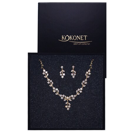 Zestaw biżuterii BOHO listki złoty pozłacany naszyjnik kolczyki w PUDEŁKU