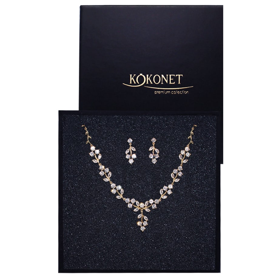 Zestaw biżuterii BOHO listki złoty pozłacany naszyjnik kolczyki w PUDEŁKU