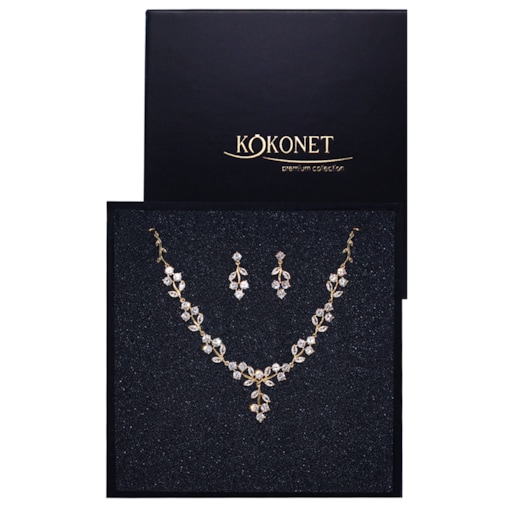 Zestaw biżuterii BOHO listki złoty pozłacany naszyjnik kolczyki w PUDEŁKU