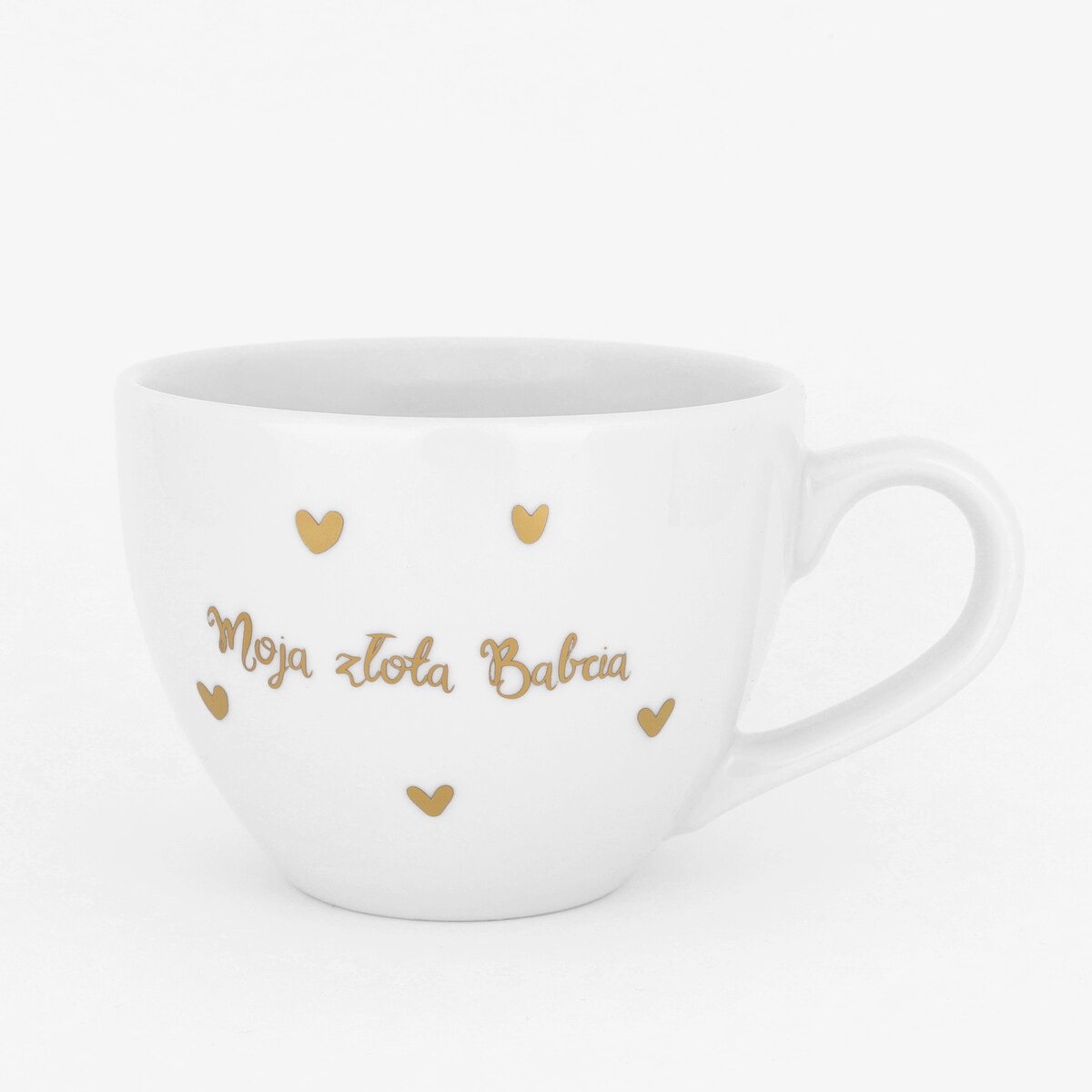 Biały kubek porcelanowy 500 ml - motyw złotych serduszek z napisem moja złota babcia dla babci na Dzień Babci