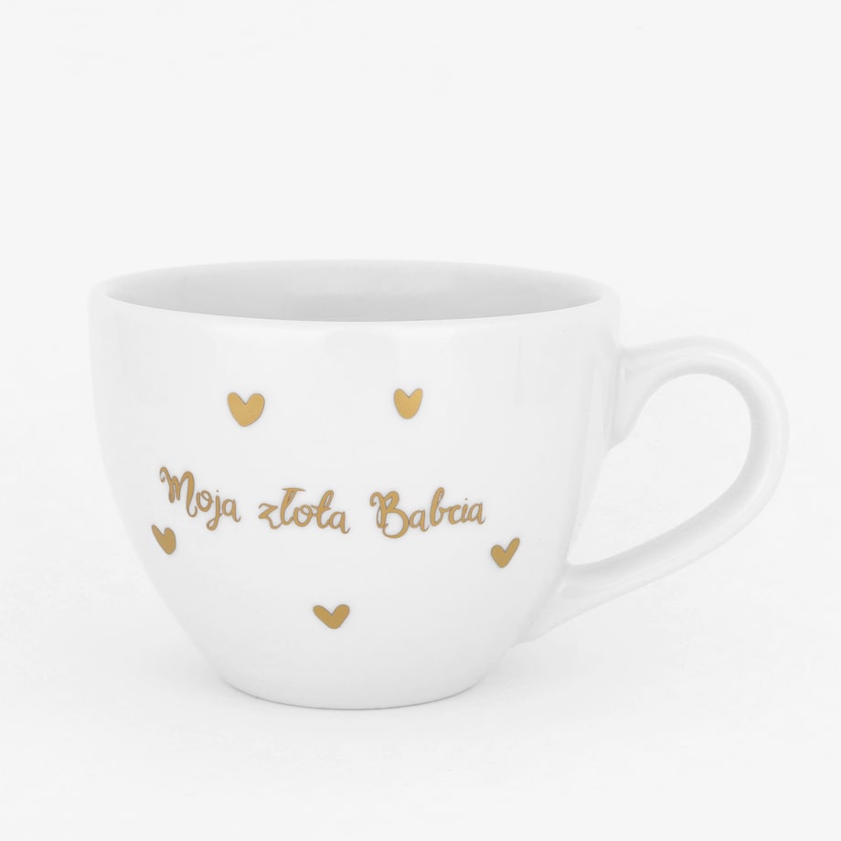 Biały kubek porcelanowy 500 ml - motyw złotych serduszek z napisem moja złota babcia dla babci na Dzień Babci