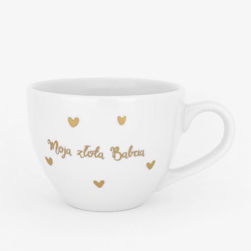 Biały kubek porcelanowy 500 ml - motyw złotych serduszek z napisem moja złota babcia dla babci na Dzień Babci