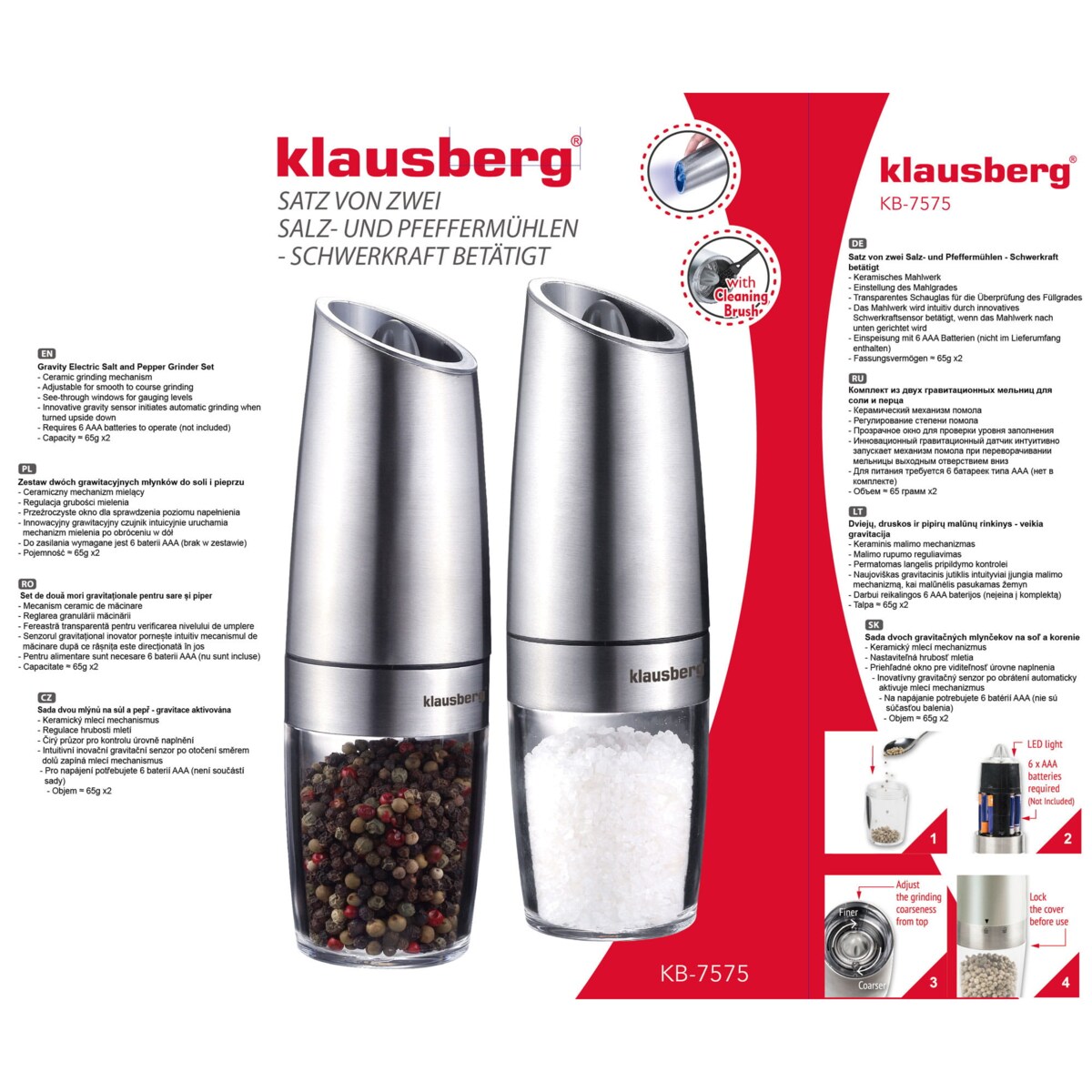 Zestaw 2 elektrycznych młynków grawitacyjnych do soli i pieprzu KLAUSBERG