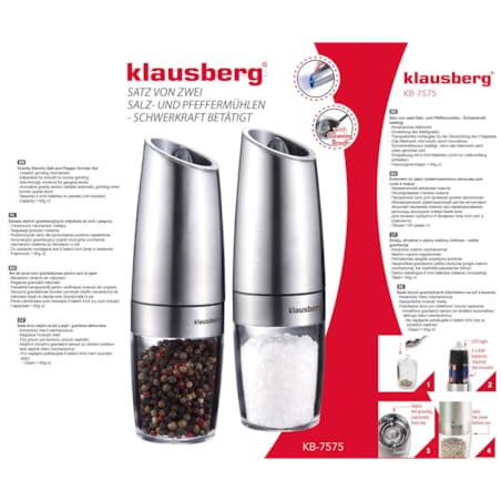 Zestaw 2 elektrycznych młynków grawitacyjnych do soli i pieprzu KLAUSBERG