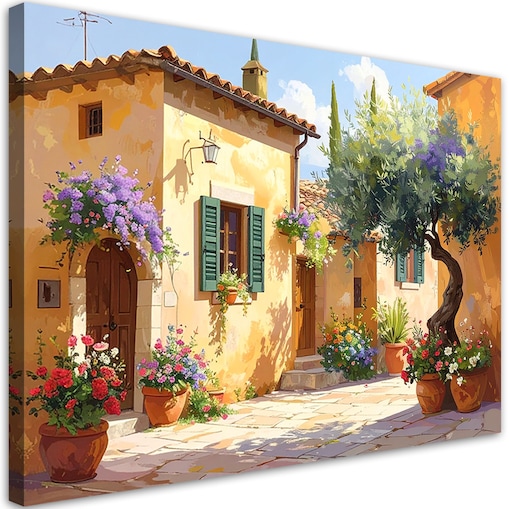 Obraz do salonu sypialni jadalni biura hotelu,Toskania kolorowe uliczki domy z kwiatami 45x30 cm